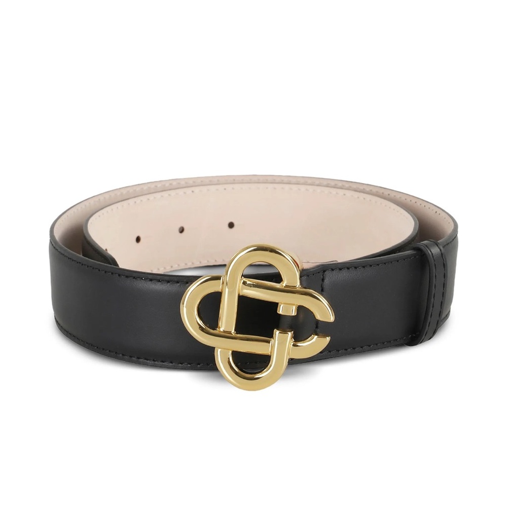 Black Leather Belt with Gold Decorative Interlocking Buckle